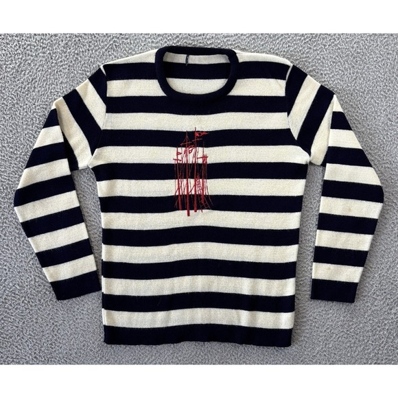 Vintage Nautical Sweater Womens Medium Navy Blue Striped Embroidered Ship Sail - Picture 1 of 9